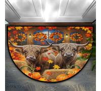 Drekrid Half Circle Door Mat - Fall Harvest Highlands Cow Absorbent Non-Slip Half Round Entryway Area Rug - Cute Soft Semicircular Washable Carpet for Bedroom Bathroom Kitchen, 36“x24”