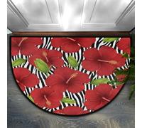Drekrid Half Circle Door Mat - Hibiscus Zebra Pattern Absorbent Non-Slip Half Round Entryway Area Rug - Soft Cute Semicircular Washable Carpet for Kitchen Bedroom Bathroom, 90x60CM