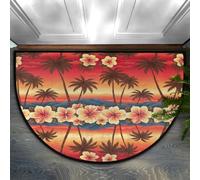Drekrid Half Circle Door Mat - Palm Tree Hibiscus Flower Absorbent Non-Slip Half Round Entryway Area Rug - Cute Soft Semicircular Washable Carpet for Kitchen Bathroom Bedroom, 90x60CM