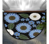 Drekrid Half Circle Door Mat - Polka Dot Blue Sunflower Absorbent Non-Slip Half Round Entryway Area Rug - Cute Soft Semicircular Washable Carpet for Bedroom Bathroom Kitchen, 36“x24”