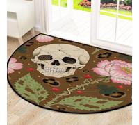 Drekrid Large Half Circle Door Mat - Skull Leopard Print Flowers Non-Slip Absorbent Half Round Entryway Area Rug - Cute Soft Semicircular Washable Carpet for Kitchen Bathroom Bedroom, 160x100cm