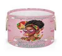Drekrid Large Storage Baskets - African Girl Princess Nursery Round Organizer Bin Box with Handles - Collapsible Laundry Hamper for Kids Toys, Blanket, Bedroom Living Room Home Decor, Gift Basket
