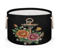 Drekrid Large Storage Baskets - Anchor Rose Nautical Nursery Round Organizer Bin Box with Handles, Collapsible Laundry Hamper for Kids Toys, Blanket, Bedroom Living Room Home Decor, Gift Basket