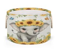 Drekrid Large Storage Baskets - Baby Elephant Sunflower Nursery Round Organizer Bin Box with Handles, Collapsible Laundry Hamper for Kids Toys, Blanket, Bedroom Living Room Home Decor, Gift Basket
