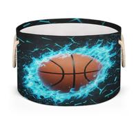 Drekrid Large Storage Baskets - Basketball Blue Fire Nursery Round Organizer Bin Box with Handles, Collapsible Laundry Hamper for Kids Toys, Blanket, Bedroom Living Room Home Decor, Gift Basket