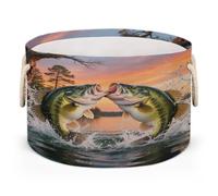 Drekrid Large Storage Baskets, Fish Largemouth Bass Nursery Organizer Bin Box with Handles Collapsible Round Laundry Hamper for Kids Toys Pet Blanket, Bedroom Living Room Home Decor Gift Basket