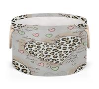 Drekrid Large Storage Baskets, Leopard Heart Love Nursery Organizer Bin Box with Handles Collapsible Round Laundry Hamper for Kids Toys Pet Blanket, Bedroom Living Room Home Decor Gift Basket