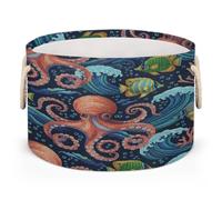 Drekrid Large Storage Baskets - Octopus Tropical Fish Nursery Organizer Bin Box with Handles Collapsible Round Laundry Hamper for Kids Toys Pet Blanket, Bedroom Living Room Home Decor Gift Basket