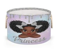 Drekrid Large Storage Baskets - Princess African Girl Nursery Round Organizer Bin Box with Handles, Collapsible Laundry Hamper for Kids Toys, Blanket, Bedroom Living Room Home Decor, Gift Basket