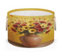 Drekrid Large Storage Baskets - Rustic Yellow Red Floral Nursery Organizer Bin Box with Handles Collapsible Round Laundry Hamper for Kids Toys Pet Blanket, Bedroom Living Room Home Decor Gift Basket