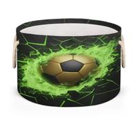 Drekrid Large Storage Baskets - Soccer Green Fire Nursery Round Organizer Bin Box with Handles, Collapsible Laundry Hamper for Kids Toys, Blanket, Bedroom Living Room Home Decor, Gift Basket