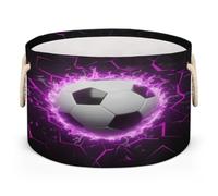 Drekrid Large Storage Baskets - Soccer Purple Fire Nursery Round Organizer Bin Box with Handles, Collapsible Laundry Hamper for Kids Toys, Blanket, Bedroom Living Room Home Decor, Gift Basket