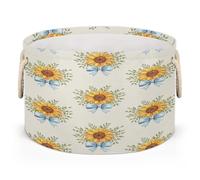 Drekrid Large Storage Baskets - Sunflower Blue Bow Nursery Round Collapsible Organizer Bin Box, Laundry Hamper for Kids Toys, Blanket, Bedroom Living Room Home Decor, Gift Basket, 50x34cm