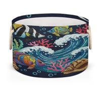 Drekrid Large Storage Baskets, Tropical Fish Coral Nursery Round Organizer Bin Box with Handles, Collapsible Laundry Hamper for Kids Toys, Blanket, Bedroom Living Room Home Decor, Gift Basket