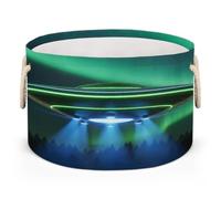 Drekrid Large Storage Baskets - Ufo Northern Lights Nursery Organizer Bin Box with Handles, Round Collapsible Laundry Hamper for Toys, Blanket, Bedroom Living Room Home Decor, Gift Basket