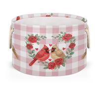 Drekrid Large Storage Baskets - Valentine Cardinals Roses Nursery Round Collapsible Organizer Bin Box, Laundry Hamper for Kids Toys, Blanket, Bedroom Living Room Home Decor, Gift Basket, 50x34cm