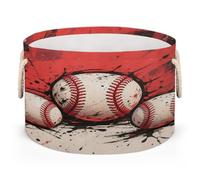 Drekrid Large Storage Baskets - Vintage Baseball Red Nursery Organizer Bin Box with Handles, Round Collapsible Laundry Hamper for Toys, Blanket, Bedroom Living Room Home Decor, Gift Basket