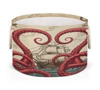 Drekrid Large Storage Baskets - Vintage Map Red Kraken Nursery Organizer Bin Box with Handles, Round Collapsible Laundry Hamper for Toys, Blanket, Bedroom Living Room Home Decor, Gift Basket