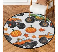 Drekrid Round Area Rug 160CM - Pumpkin Harvest Monster Trucks Circle Entryway Rugs Washable Door Mat for Boys Room Sofa Nursery Decorations, Non-Slip Floor Carpet Aesthetic Comic Decor