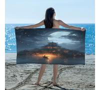 Drekrid Temples Under The Huge Moon In The Night Sky And People Fishing On The Lake Beach Towel for Adults, Quick Dry Microfibre Towel for Travel Swimming Beach Gym Camping