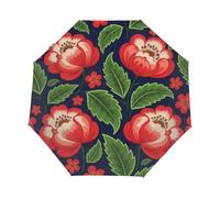 Drekrid Travel Umbrella for Rain - Red Floral Green Leaves Windproof Compact Automatic Reverse Folding Umbrellas for Kids Women, Cute Small Auto Open Close Umbrella for Commute, Car, Backpack