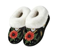 Drekrid Women's Fuzzy Memory Foam Slippers Soft Warm Plush House Shoes | Comfy Cozy Slip-On, Non-slip Rubber Sole, Closed Back, Winter Bedroom Indoor Outdoor - Poppy Daisy Wheat