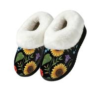 Drekrid Women's Fuzzy Memory Foam Slippers Soft Warm Plush House Shoes | Comfy Cozy Slip-On, Non-slip Rubber Sole, Closed Back, Indoor Outdoor - Sunflower Poppy Floral
