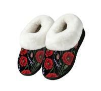 Drekrid Women's Fuzzy Memory Foam Slippers Soft Warm Plush House Shoes | Comfy Cozy Slip-On, Non-slip Rubber Sole, Closed Back, Winter Bedroom Indoor Outdoor - Red Poppy Lavender