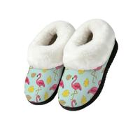 Drekrid Women's Fuzzy Memory Foam Slippers Soft Warm Plush House Shoes | Comfy Cozy Slip-On, Non-slip Rubber Sole, Closed Back, Indoor Outdoor - Tropical Flamingo Leaves