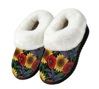 Drekrid Women's Fuzzy Memory Foam Slippers Soft Warm Plush House Shoes | Comfy Cozy Slip-On, Non-slip Rubber Sole, Closed Back, Indoor Outdoor - Sunflower Poppy Dragonfly