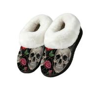 Drekrid Women's Fuzzy Memory Foam Slippers Soft Warm Plush House Shoes | Comfy Cozy Slip-On, Non-slip Rubber Sole, Closed Back, Indoor Outdoor - Skull Poppy Spider Web