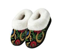 Drekrid Women's Fuzzy Memory Foam Slippers Warm Soft Plush House Shoes | Comfy Cozy Slip-On, Non-slip Rubber Sole, Closed Back, Winter Bedroom Indoor Outdoor - Horseshoe Poppy Bee