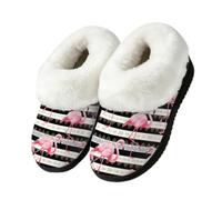 Drekrid Women's Fuzzy Memory Foam Slippers Warm Soft Plush House Shoes | Comfy Cozy Slip-On, Non-slip Rubber Sole, Closed Back, Winter Bedroom Indoor Outdoor - Flamingo Stripe