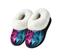 Drekrid Women's Fuzzy Memory Foam Slippers Warm Soft Plush House Shoes | Comfy Cozy Slip-On, Non-slip Rubber Sole, Closed Back, Winter Bedroom Indoor Outdoor - Fire Ice Galaxy Wolf