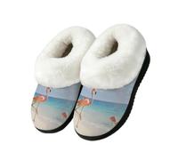 Drekrid Women's Fuzzy Memory Foam Slippers Warm Soft Plush House Shoes | Comfy Cozy Slip-On, Non-slip Rubber Sole, Closed Back, Winter Bedroom Indoor Outdoor - Flamingo Tropical Beach