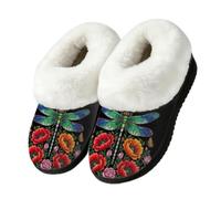 Drekrid Women's Fuzzy Memory Foam Slippers Warm Soft Plush House Shoes | Comfy Cozy Slip-On, Non-slip Rubber Sole, Closed Back, Winter Bedroom Indoor Outdoor - Dragonfly Poppy Rose