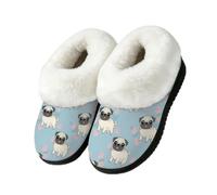 Drekrid Women's Fuzzy Memory Foam Slippers Warm Soft Plush House Shoes | Comfy Cozy Slip-On, Non-slip Rubber Sole, Closed Back, Winter Bedroom Indoor Outdoor - Cute Pug Roses