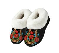 Drekrid Women's Fuzzy Memory Foam Slippers Warm Soft Plush House Shoes | Comfy Cozy Slip-On, Non-slip Rubber Sole, Closed Back, Winter Bedroom Indoor Outdoor - Horseshoe Poppy Western