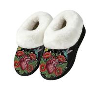 Drekrid Women's Fuzzy Memory Foam Slippers Warm Soft Plush House Shoes | Comfy Cozy Slip-On, Non-slip Rubber Sole, Closed Back, Winter Bedroom Indoor Outdoor - Hummingbird Poppy