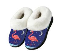 Drekrid Women's Fuzzy Memory Foam Slippers Warm Soft Plush House Shoes | Comfy Cozy Slip-On, Non-slip Rubber Sole, Closed Back, Winter Bedroom Indoor Outdoor - Flamingo Winter Snow