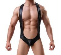 Drelaar Men's Activewear Faux Leather Leotard Bodysuit Suspender Wrestling Singlet Jockstraps One-Piece Jumpsuit Medium