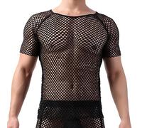 Drelaar Men's Novelty Fishnet Crewneck Short Sleeve T-Shirt Sexy Muscle Undershirt Medium Black