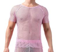 Drelaar Men's Novelty Fishnet Crewneck Short Sleeve T-Shirt Sexy Muscle Undershirt Small Pink