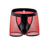 Drelaar Men's See Through Mesh Lingerie Boxer Shorts with Detachable Faux Leather Buckled Pouch Large Red