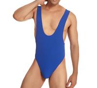 Drelaar Men's Sexy Backless Fitness Bikini Bodysuit Thongs One-Piece Leotard Jumpsuit Large Blue