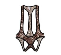 Drelaar Men's Sexy Leopard Print Suspender Wrestling Singlet One-Piece Jockstrap Leotard Bodysuit Large Brown