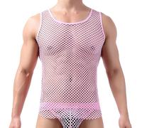 Drelaar Transparent Fishnet Tank Top for Men Sexy Clubwear Hollow Out Sleeveless Undershirt Medium Pink