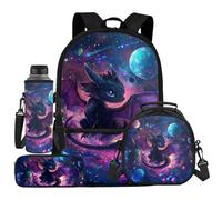 Dremagia Boys Backpack Ages 6 to 8 School Bag Set with Lunch Box, 4 Piece, Purple Black Dragon Planet, 11x5.1x17.3 inches, Daypack Backpacks
