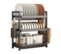 Dremdo 3 Tier Dish Drainer Rack with Drip Tray Stainless Steel Dish Drying Rack with Chopstick Holder Knife Holder, Multipurpose Drying Rack Sink with Non-Slip Silicon Ends,Black