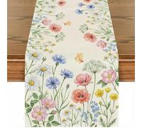 Dremisalnd Daisy Wildflowers Eukalyptus Leaves Table Runner Beige Spring Floral Farmhouse Tablecloth Seasonal Summer Kitchen Dining Table Decoration for Home Party Easter Garden 32x180 cm